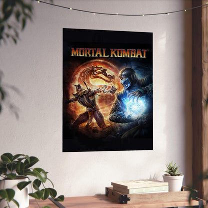 Mortal Kombat 9 cover art with logo unframed on a white wall above a desk