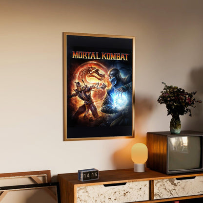 Mortal Kombat 9 cover art with logo in an oak frame above a sideboard