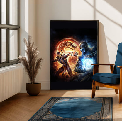 Mortal Kombat 9 Scorpion vs Sub-Zero cover art framed beside a blue armchair in a sunlit room