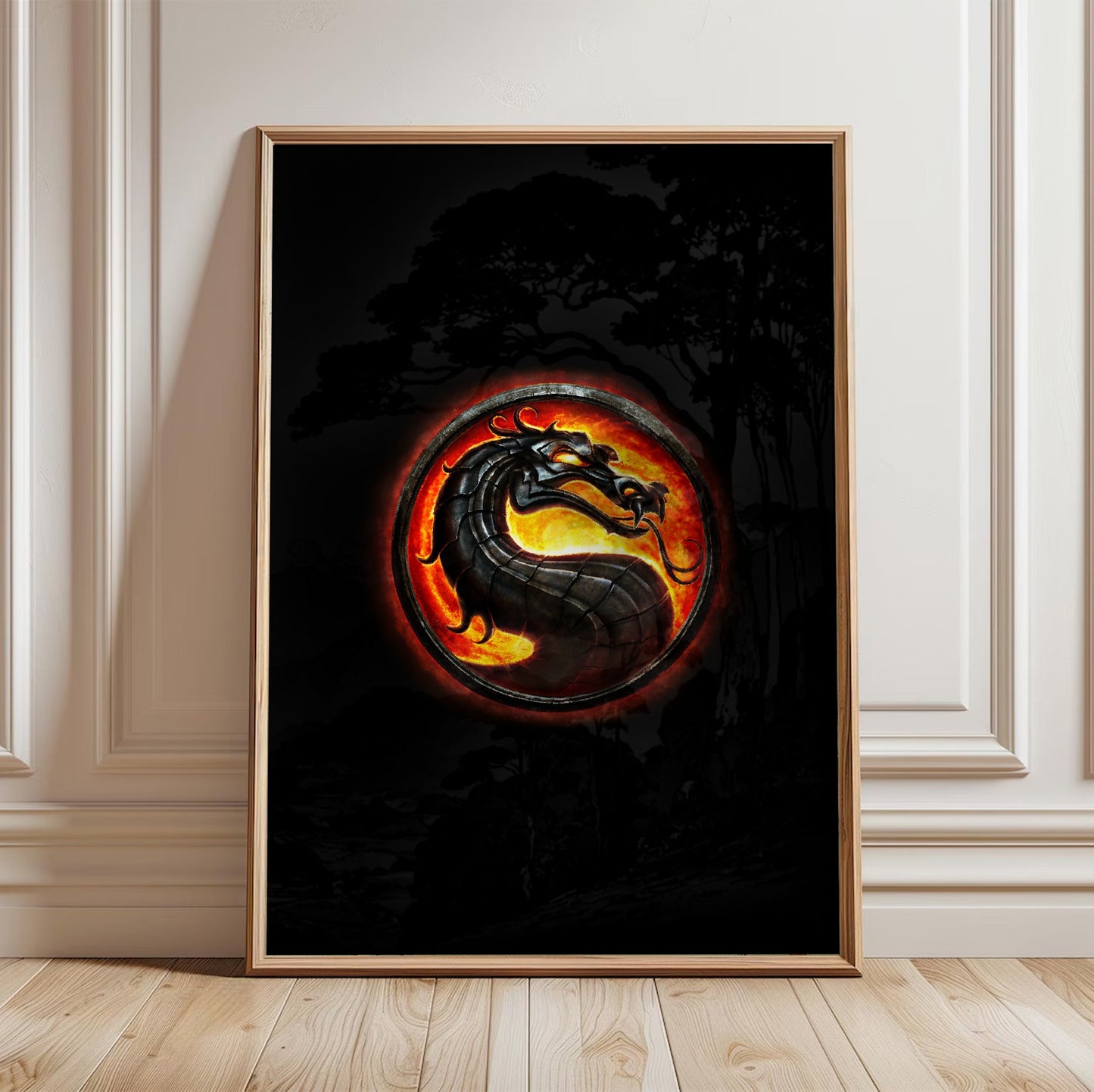 Mortal Kombat dragon emblem in a light oak frame leaning against a white wall