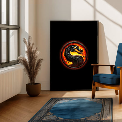 Mortal Kombat dragon emblem framed beside a blue armchair in a sunlit room