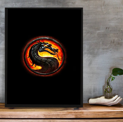 Mortal Kombat dragon emblem in a black frame on a wooden shelf against concrete
