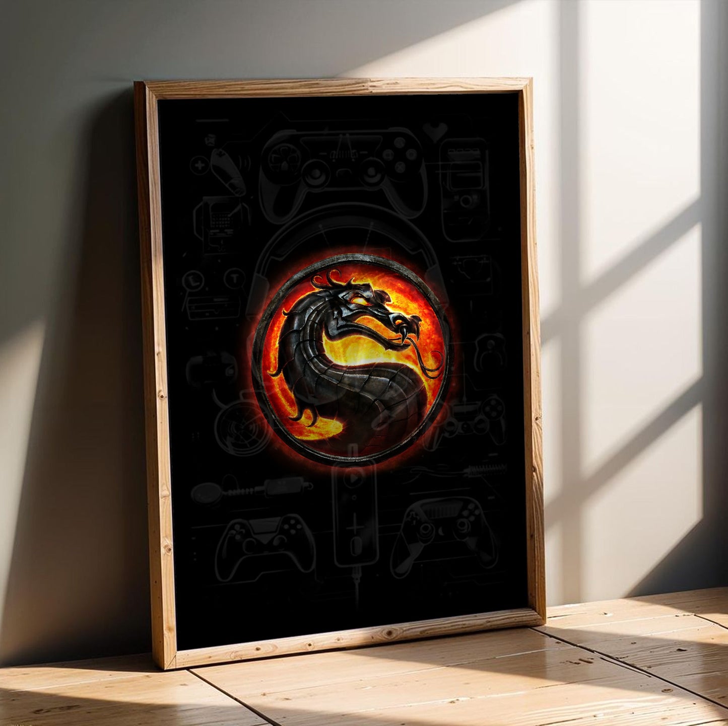 Mortal Kombat dragon emblem in an oak frame leaning on a wooden floor