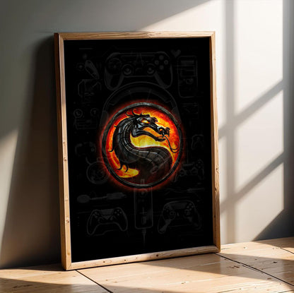 Mortal Kombat dragon emblem in an oak frame leaning on a wooden floor