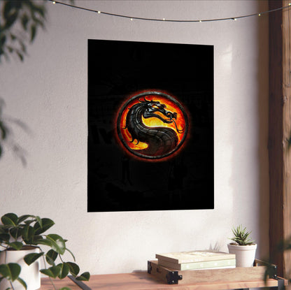 Mortal Kombat dragon emblem unframed on a white wall above a desk