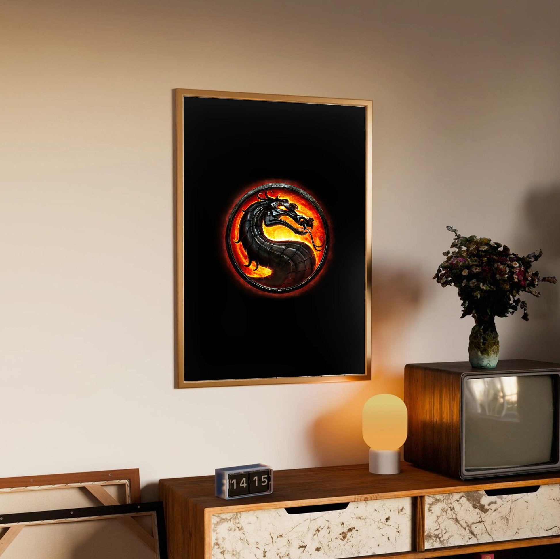Mortal Kombat dragon emblem in an oak frame above a sideboard