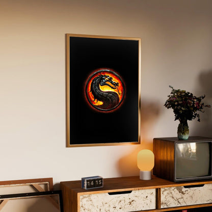 Mortal Kombat dragon emblem in an oak frame above a sideboard