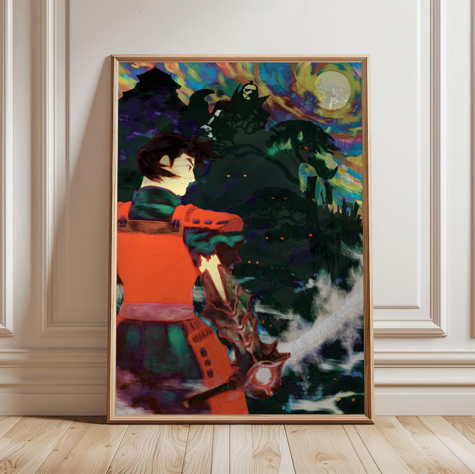 Onimusha Warlords Samanosuke key art in a light oak frame leaning against a white wall