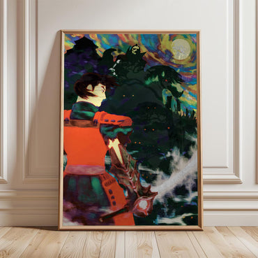 Onimusha Warlords Samanosuke key art in a light oak frame leaning against a white wall