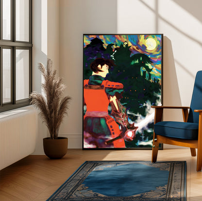 Onimusha Warlords Samanosuke key art framed beside a blue armchair in a sunlit room