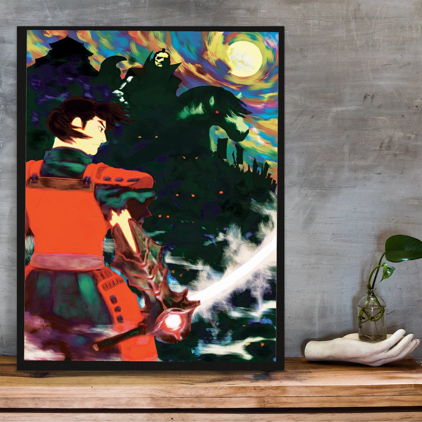Onimusha Warlords Samanosuke key art in a black frame on a wooden shelf against concrete