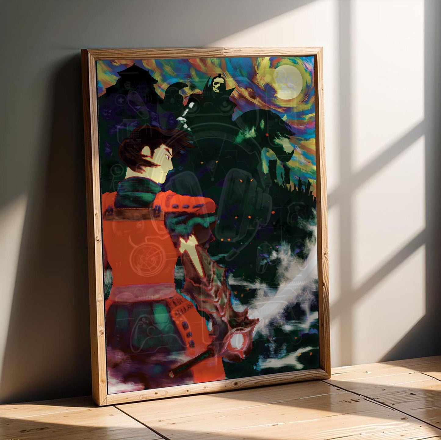 Onimusha Warlords Samanosuke key art in an oak frame leaning on a wooden floor