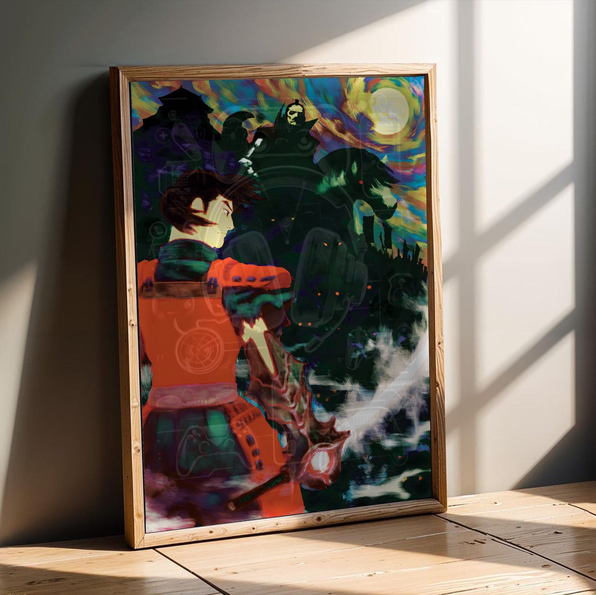 Onimusha Warlords Samanosuke key art in an oak frame leaning on a wooden floor