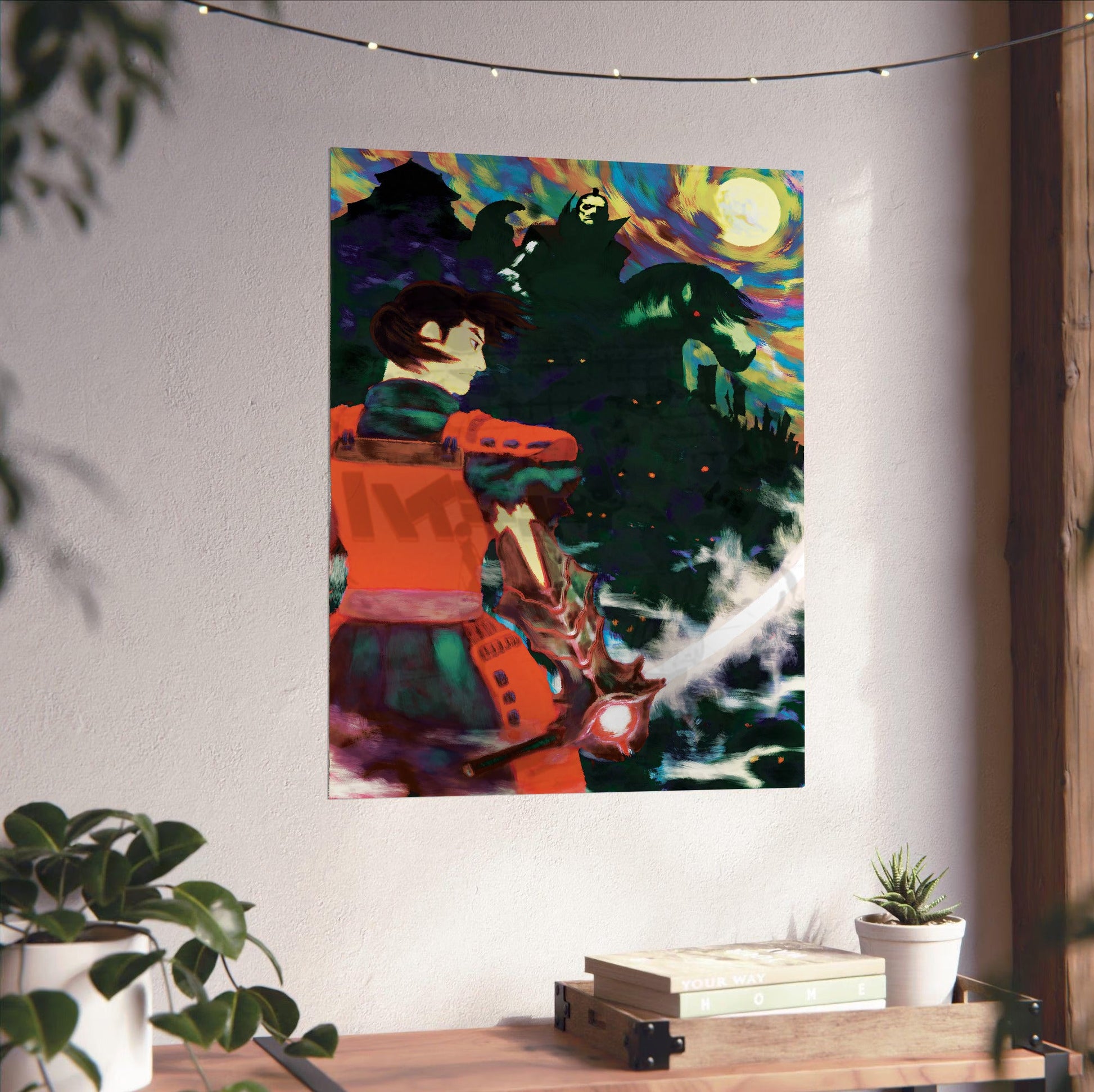 Onimusha Warlords Samanosuke key art unframed on a white wall above a desk