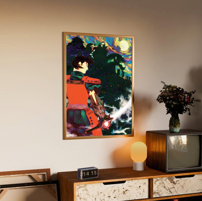 Onimusha Warlords Samanosuke key art in an oak frame above a sideboard