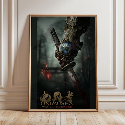 Onimusha Way of the Sword key art in a light oak frame leaning against a white wall