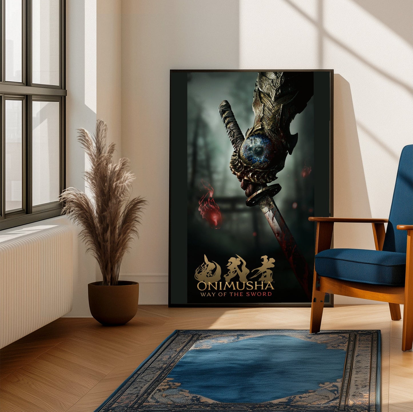 Onimusha Way of the Sword key art framed beside a blue armchair in a sunlit room