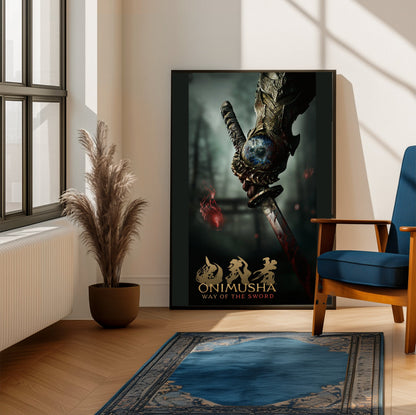 Onimusha Way of the Sword key art framed beside a blue armchair in a sunlit room
