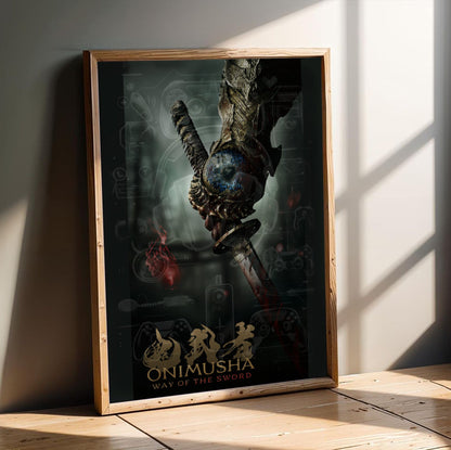 Onimusha Way of the Sword key art in an oak frame leaning on a wooden floor