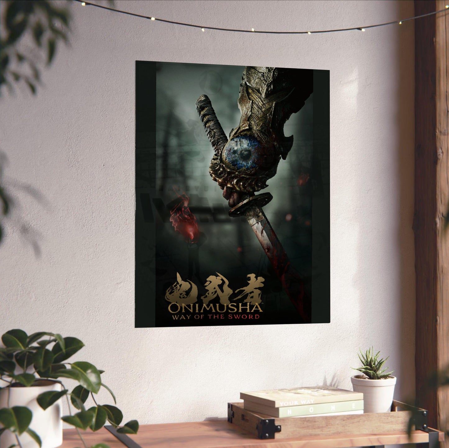 Onimusha Way of the Sword key art unframed on a white wall above a desk