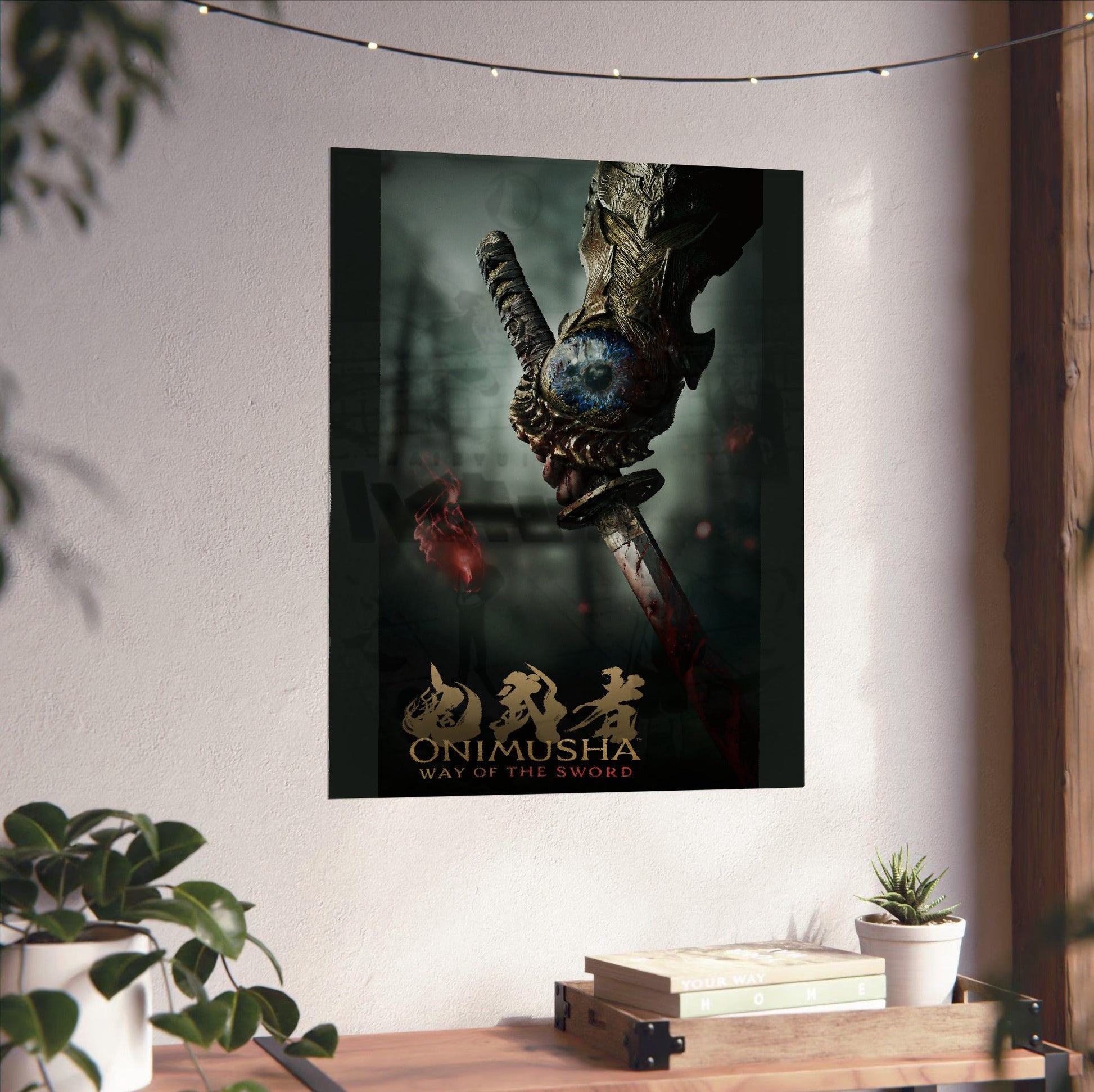 Onimusha Way of the Sword key art unframed on a white wall above a desk