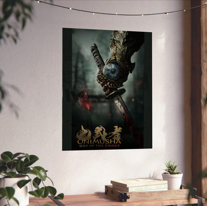 Onimusha Way of the Sword key art unframed on a white wall above a desk
