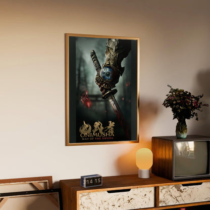 Onimusha Way of the Sword key art in an oak frame above a sideboard