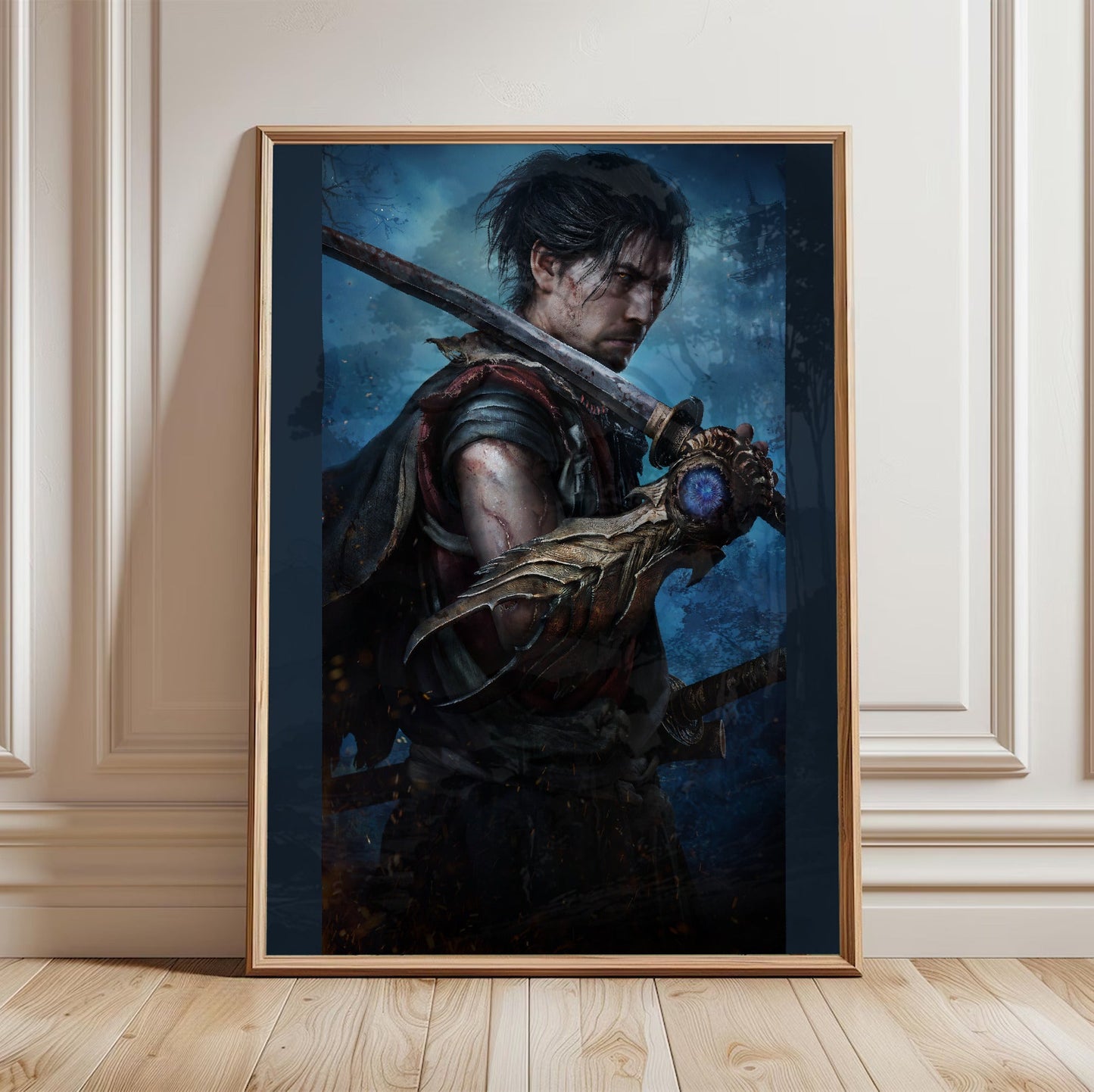 Onimusha Way of the Sword Musashi key art in a light oak frame leaning against a white wall
