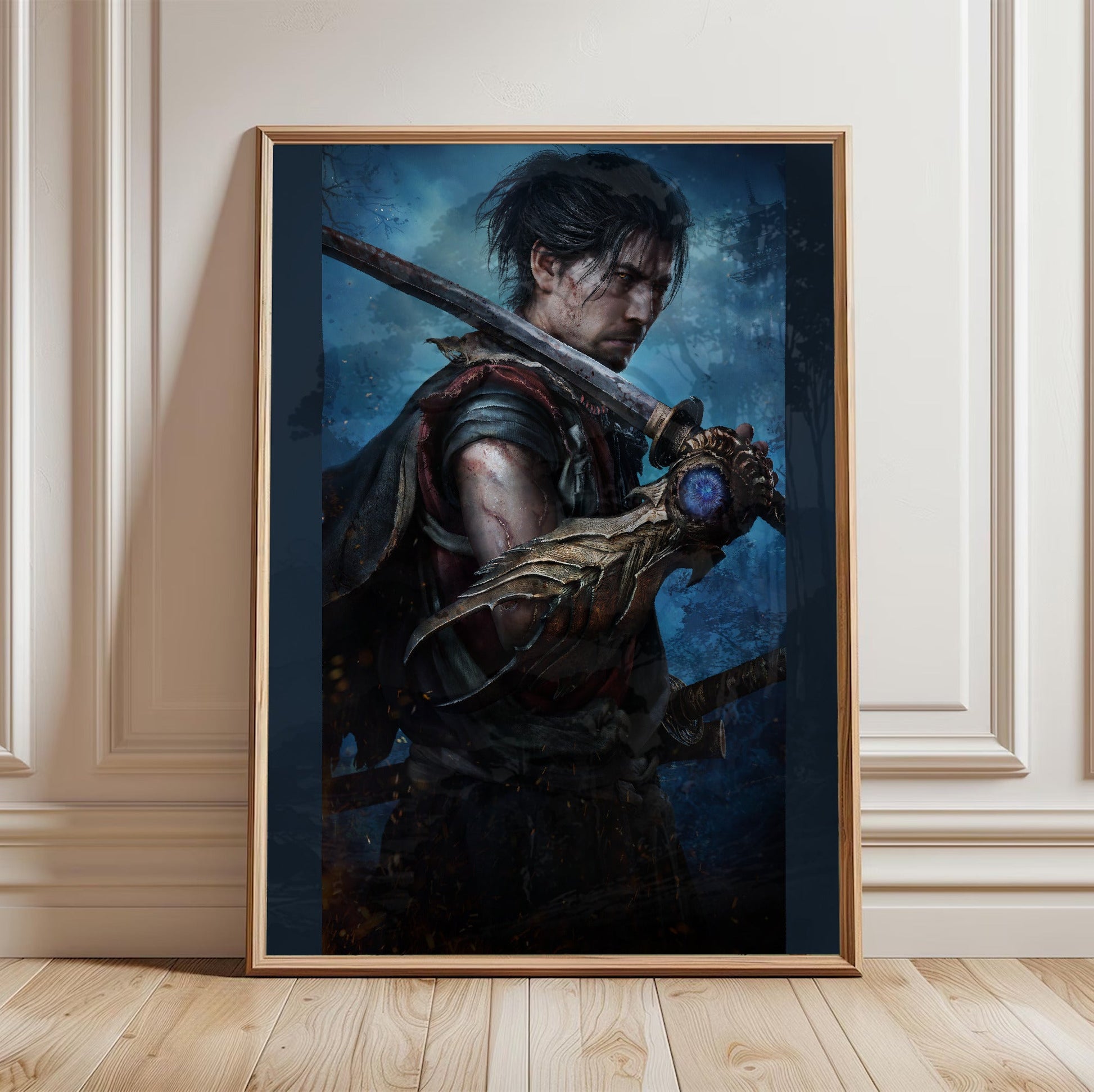 Onimusha Way of the Sword Musashi key art in a light oak frame leaning against a white wall