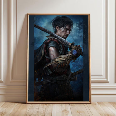 Onimusha Way of the Sword Musashi key art in a light oak frame leaning against a white wall