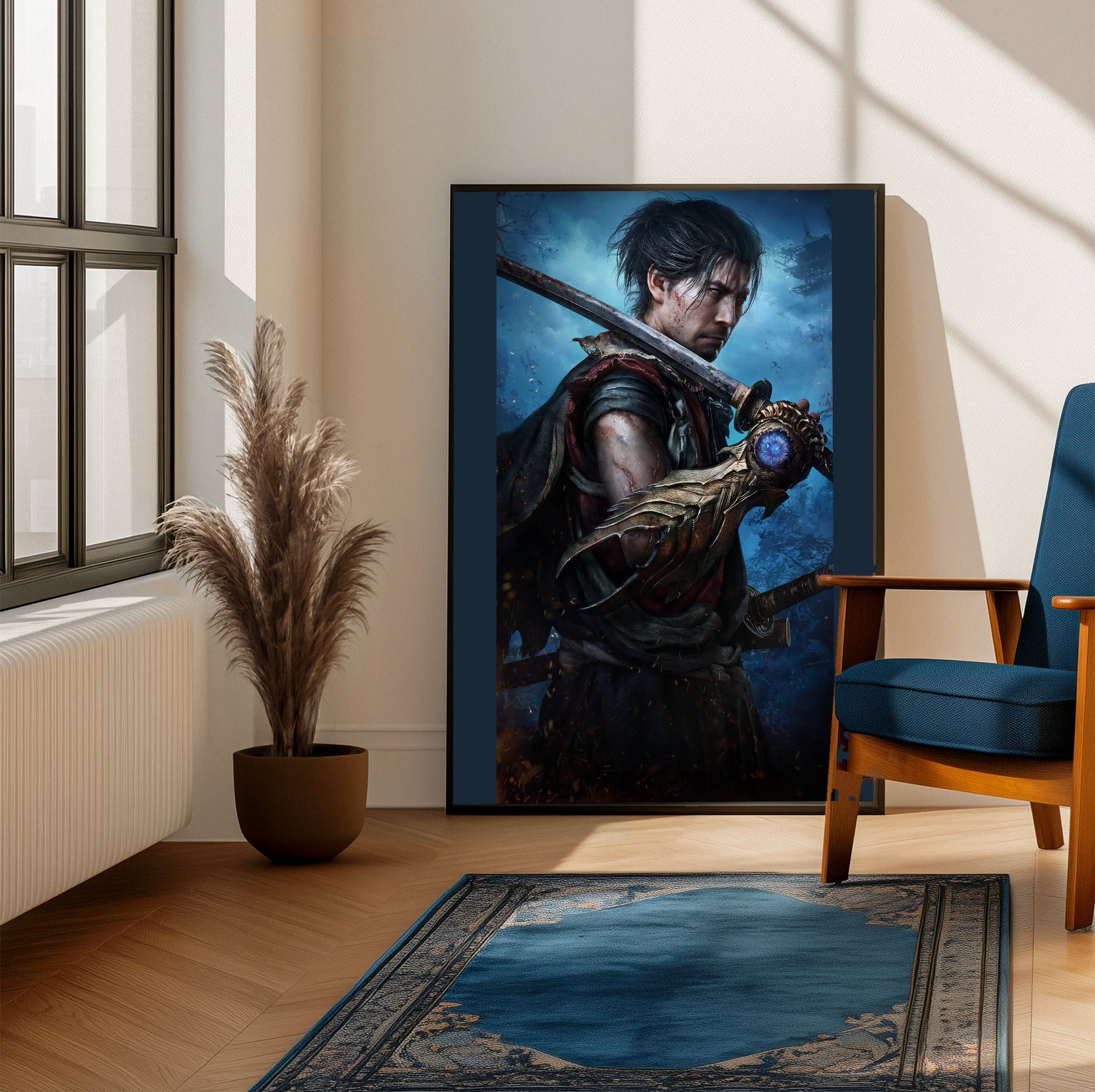 Onimusha Way of the Sword Musashi key art framed beside a blue armchair in a sunlit room