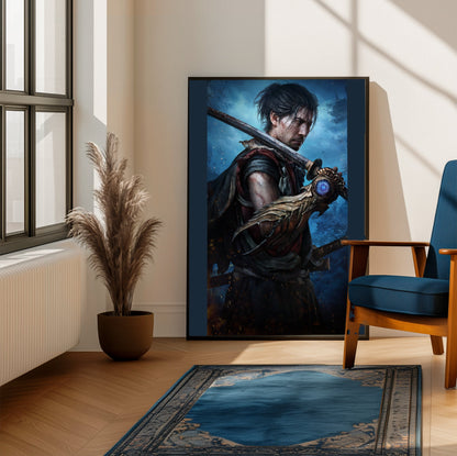 Onimusha Way of the Sword Musashi key art framed beside a blue armchair in a sunlit room