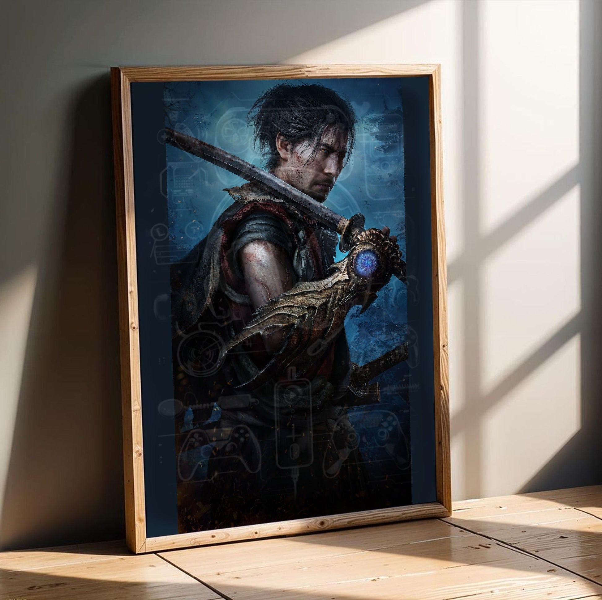 Onimusha Way of the Sword Musashi key art in an oak frame leaning on a wooden floor