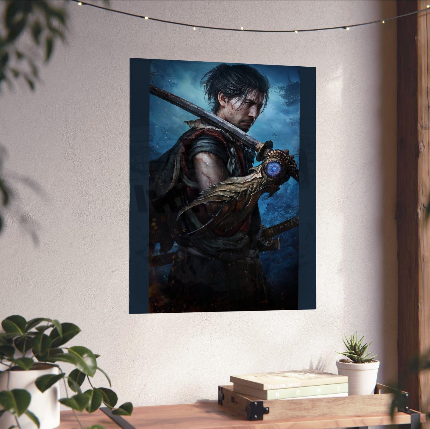 Onimusha Way of the Sword Musashi key art unframed on a white wall above a desk