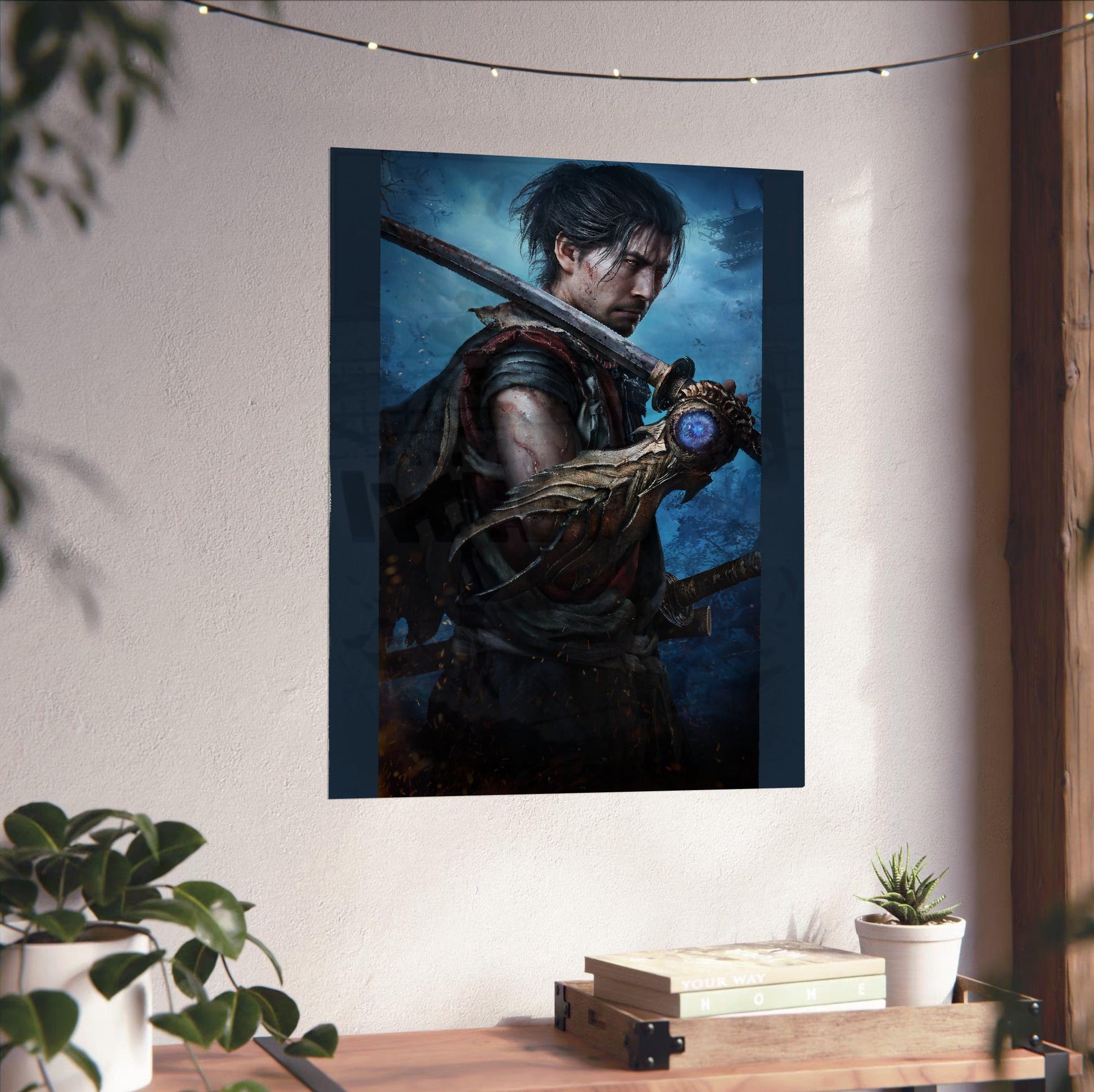 Onimusha Way of the Sword Musashi key art unframed on a white wall above a desk