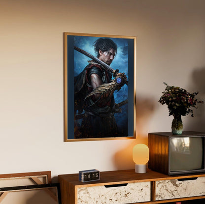 Onimusha Way of the Sword Musashi key art in an oak frame above a sideboard