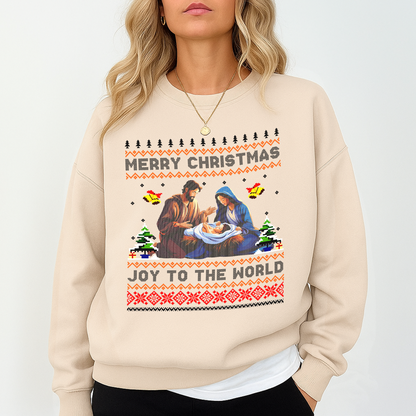 Joy to the World Christmas Sweatshirt – Nativity Scene Ugly Sweater Style – Merry Christmas Jesus Mary Joseph Crewneck – Religious Holiday Gift