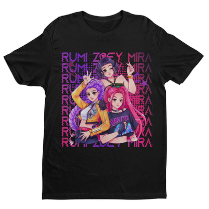 KPOP Huntrix Anime Girl Group Graphic Tee – Rumi, Zoey, Mira