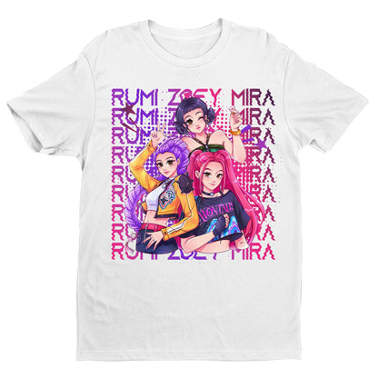 KPOP Huntrix Anime Girl Group Graphic Tee – Rumi, Zoey, Mira