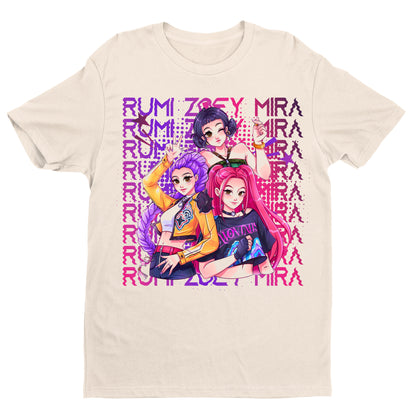 KPOP Huntrix Anime Girl Group Graphic Tee – Rumi, Zoey, Mira