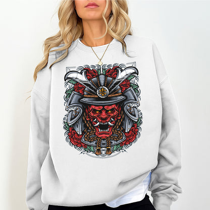Japanese Samurai Oni Sweatshirt | Demon Mask Warrior Art Crewneck | Bold Japanese Streetwear Unisex Pullover