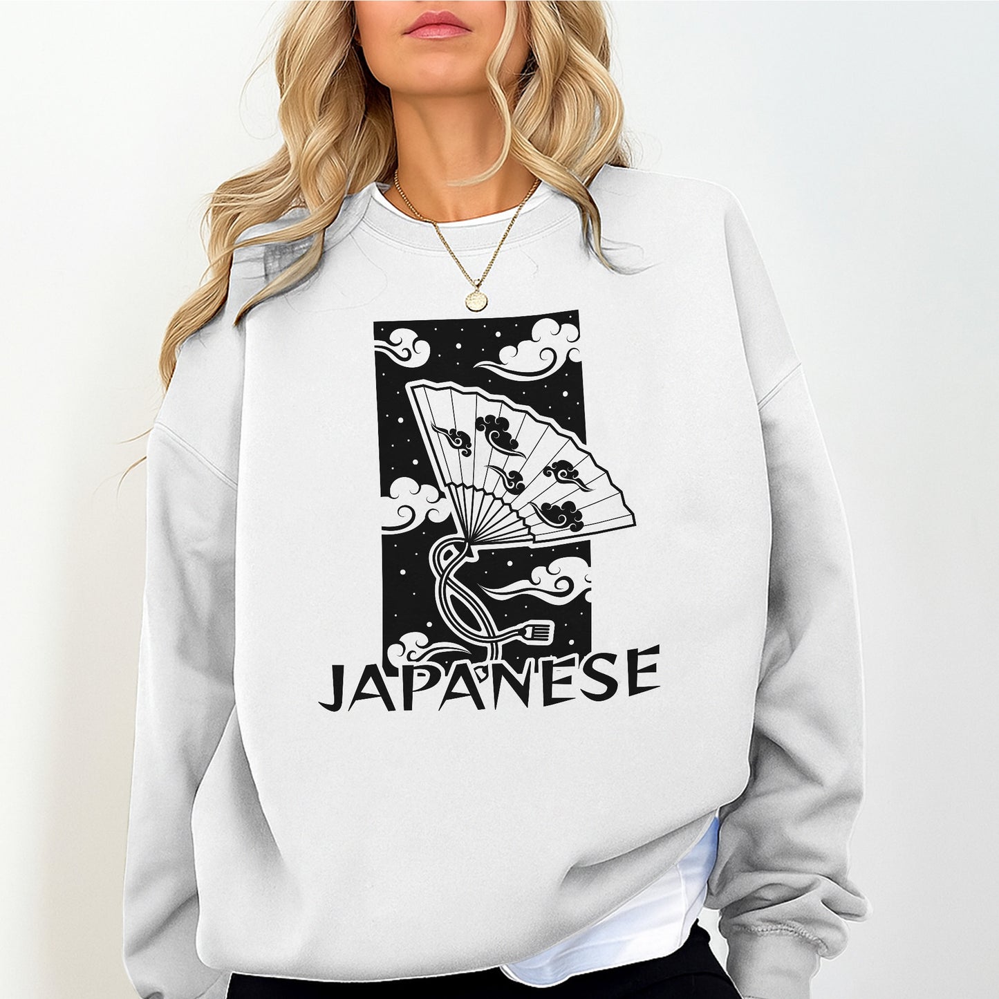 Japanese Folding Fan Sweatshirt – Minimal Japanese Art Crewneck, Traditional Cloud Pattern, Aesthetic Japan Streetwear