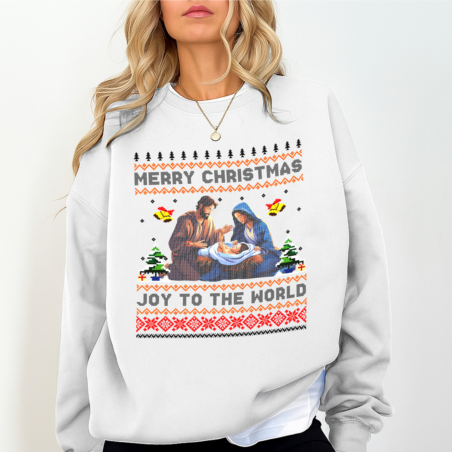 Joy to the World Christmas Sweatshirt – Nativity Scene Ugly Sweater Style – Merry Christmas Jesus Mary Joseph Crewneck – Religious Holiday Gift