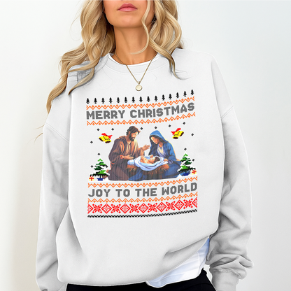 Joy to the World Christmas Sweatshirt – Nativity Scene Ugly Sweater Style – Merry Christmas Jesus Mary Joseph Crewneck – Religious Holiday Gift