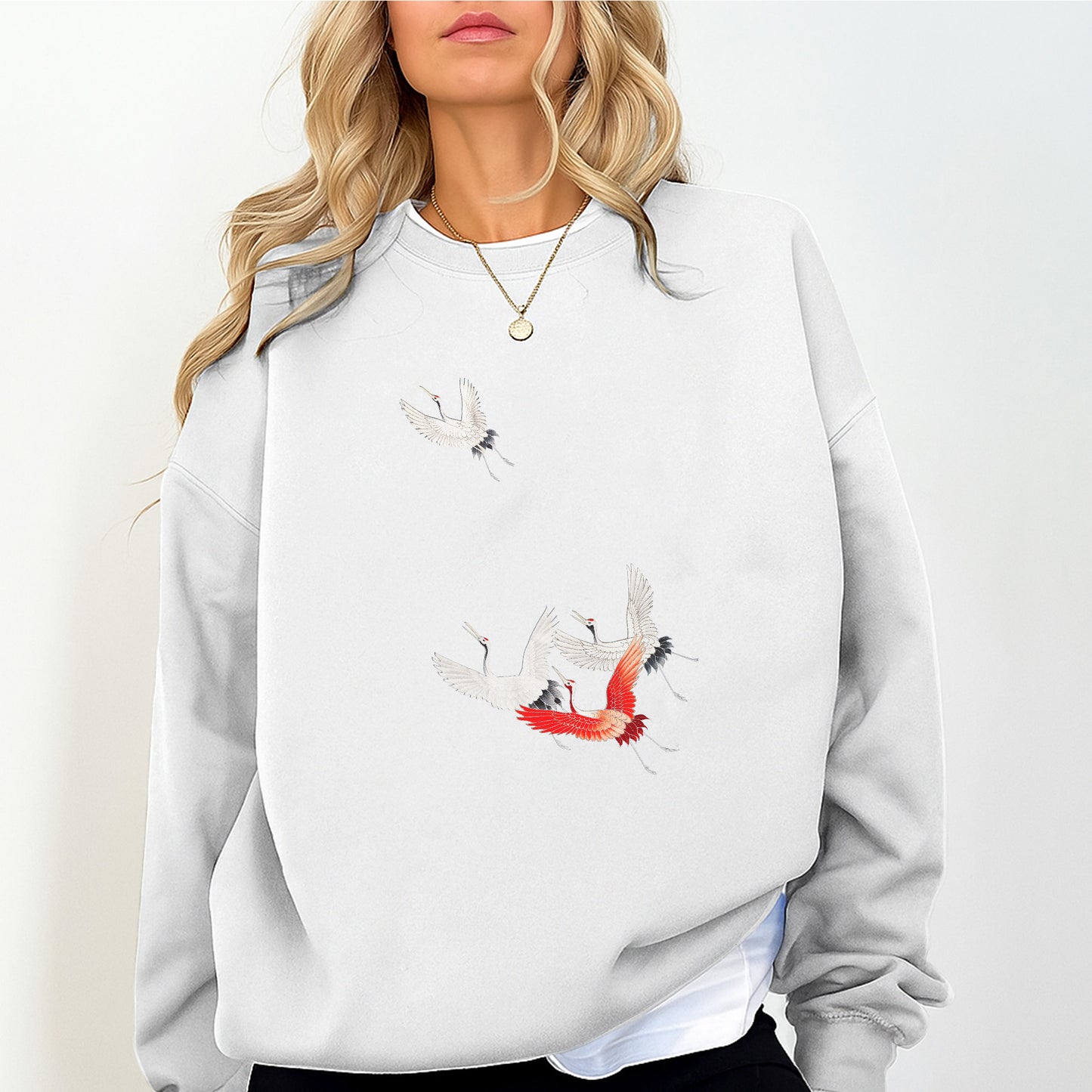 Japanese Crane Sweatshirt – Minimalist Asian Art Bird Graphic Oversized Pullover