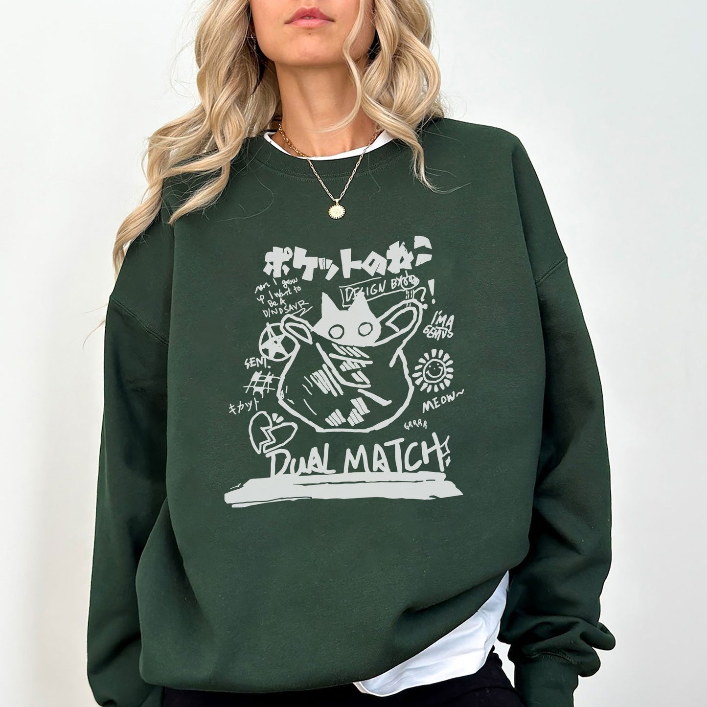 Japanese Doodle Cat Sweatshirt | Anime Streetwear Crewneck | Urban Sketch Graphic Unisex Pullover