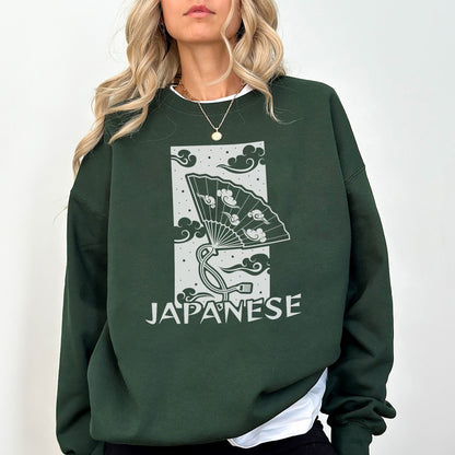 Japanese Folding Fan Sweatshirt – Minimal Japanese Art Crewneck, Traditional Cloud Pattern, Aesthetic Japan Streetwear