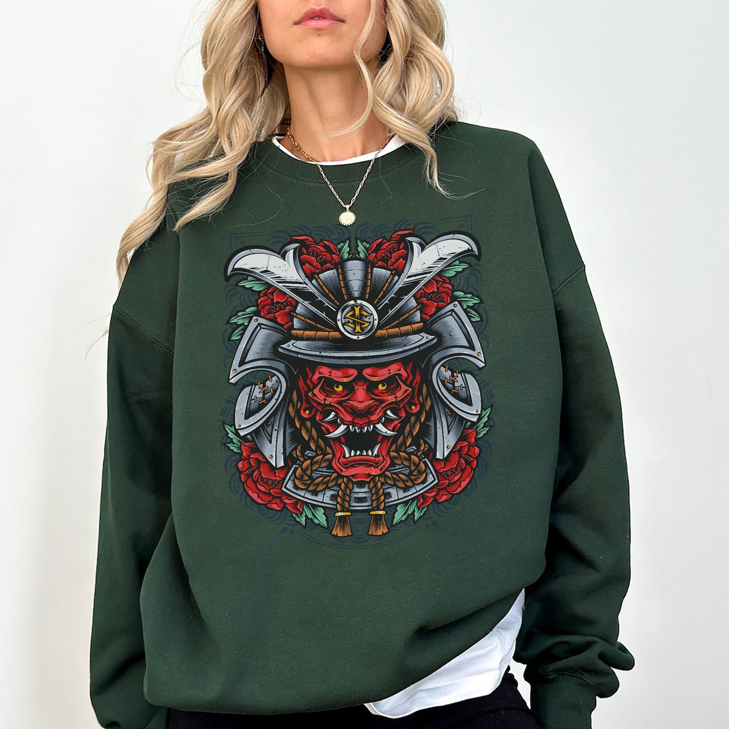 Japanese Samurai Oni Sweatshirt | Demon Mask Warrior Art Crewneck | Bold Japanese Streetwear Unisex Pullover