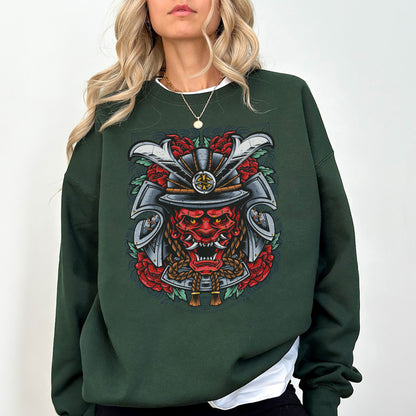 Japanese Samurai Oni Sweatshirt | Demon Mask Warrior Art Crewneck | Bold Japanese Streetwear Unisex Pullover