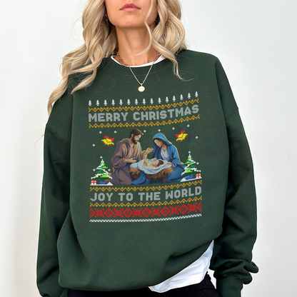 Joy to the World Christmas Sweatshirt – Nativity Scene Ugly Sweater Style – Merry Christmas Jesus Mary Joseph Crewneck – Religious Holiday Gift